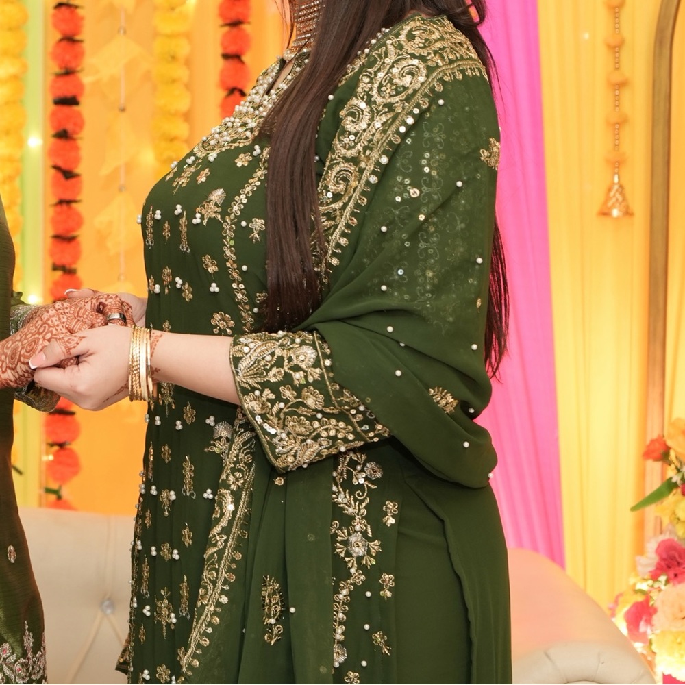 Green Georgette Embroidered with Sequence Work Salwar Kameez with Dupatta - Picture 2 of 3